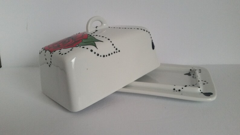 Wonderful handpainted red rose on butter dish image 3