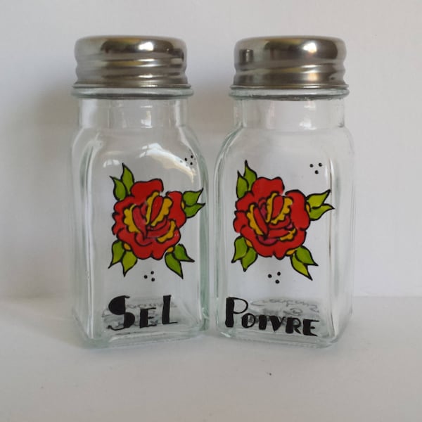 SALE - Handpainted salt and pepper shakers: Red and yellow Roses