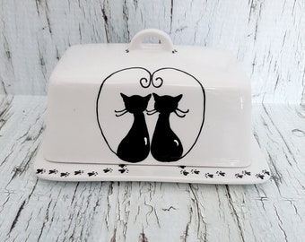 Cat Lovers and paw prints  - Handpainted Cats on a nice ceramic butterdish