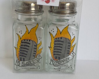 SALE - Handpainted salt and pepper shakers: 50'S microphone