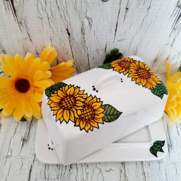 Wonderful handpainted sun flowers design on ceramic butter dish