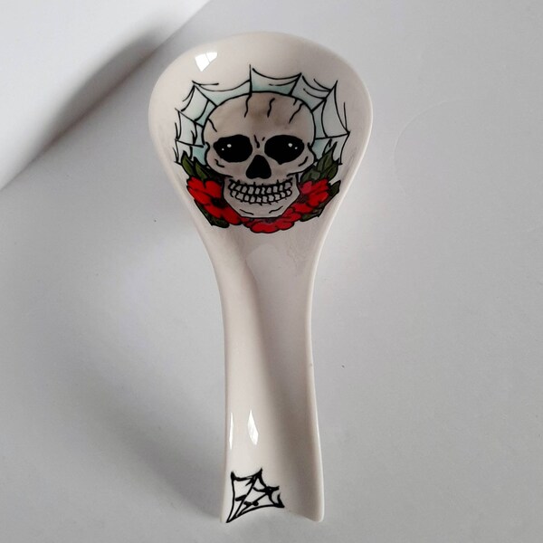 INV - Handpainted skull and Hibiscus spoon rest