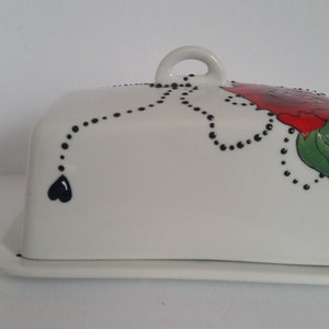 Wonderful handpainted red rose on butter dish image 5