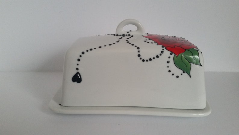 Wonderful handpainted red rose on butter dish image 5