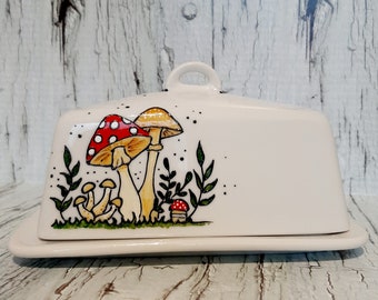 Wonderful and unique handpainted mushrooms on a ceramic butterdish