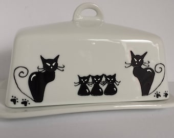 Handpainted Cat Family on ceramic butter dish