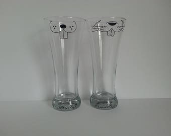 SALE Funny Handpainted rabbit or mouse smile on a delicate Pilsner beer glass