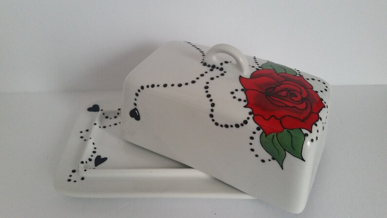 Wonderful handpainted red rose on butter dish image 1