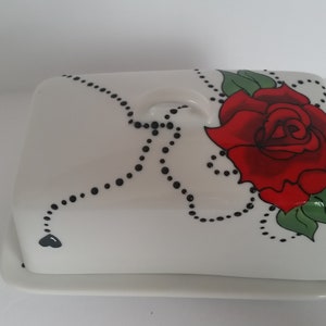 Wonderful handpainted red rose on butter dish image 4