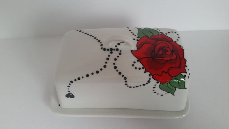 Wonderful handpainted red rose on butter dish image 4