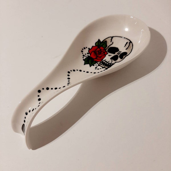 Handpainted  skull and rose on spoon rest