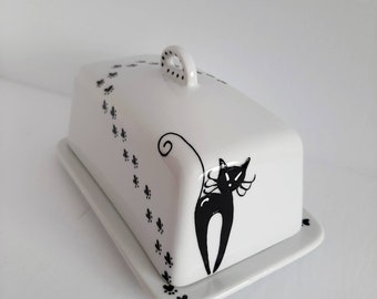 Handpainted cute black cat and paw prints on ceramic butterdish