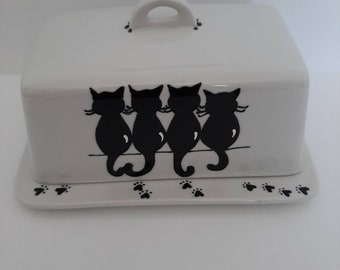 Cute cats family on the wall handpainted on ceramic butterdish