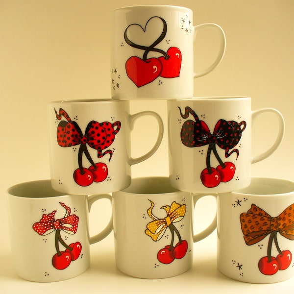 SALE - Handpainted Cup: Rockabilly cherries with bow (chooses yours)