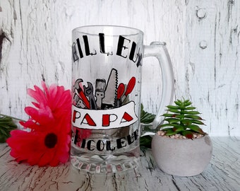 Handpainted  ''Meilleur Papa Bricoleur'' on beer mug