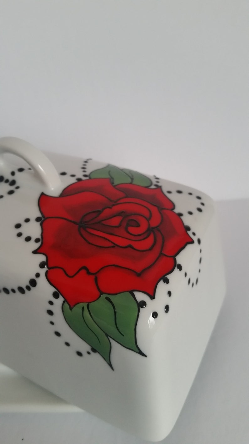 Wonderful handpainted red rose on butter dish image 6