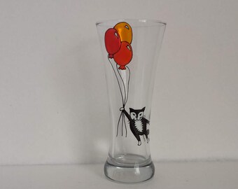 SALE - Funny cat and balloon, Handpainted beer glass