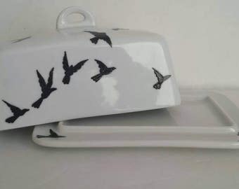 Handpainted flying birds on butter dish