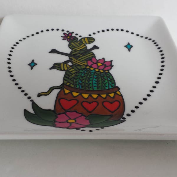 SALE - Wool Cactus, handpainted small square plate