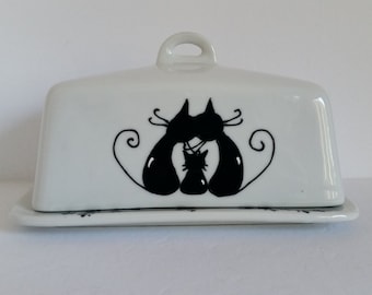 Handpainted Black cats family on ceramic butter dish