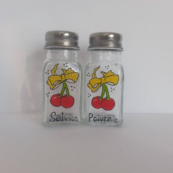 SALE - Hand painted salt and pepper shakers: Rockabilly Cherries with Yellow Bow