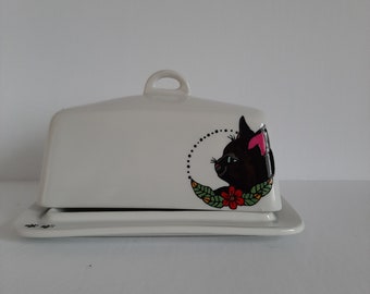 Handpainted Black Cat Ceramic Butter Dish, Tattoo Style