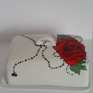 Wonderful handpainted red rose on butter dish image 2