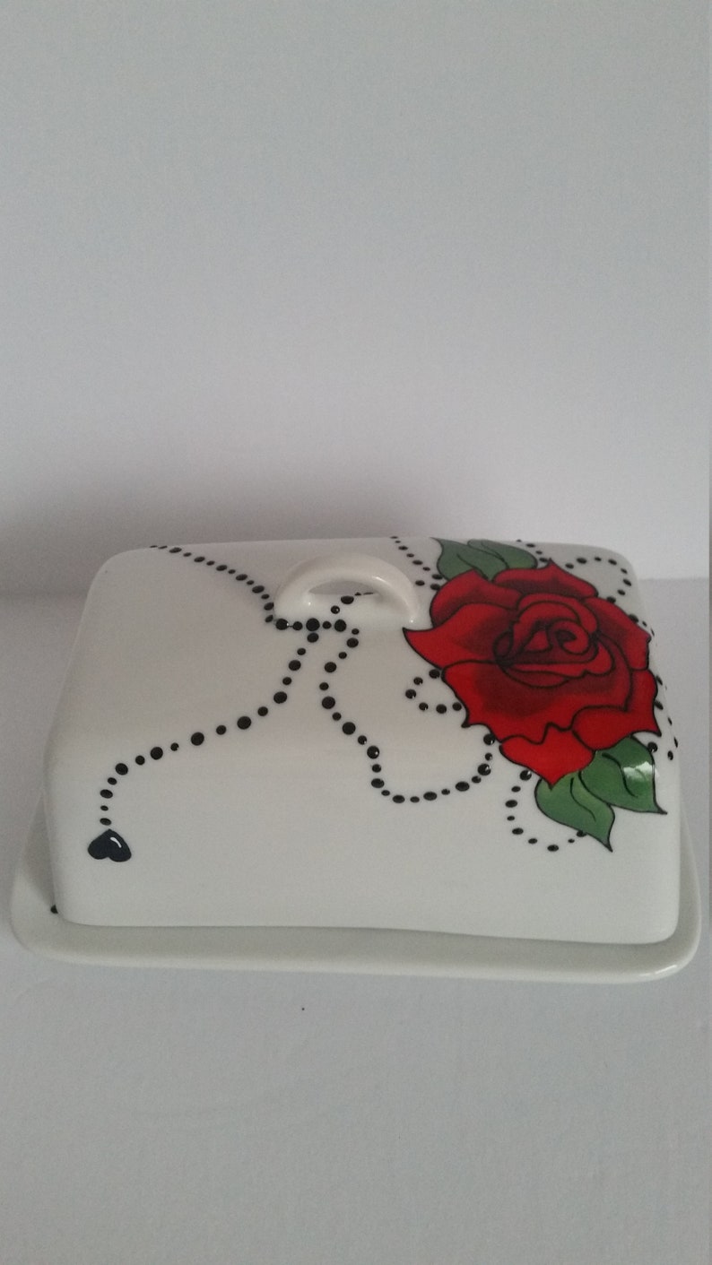 Wonderful handpainted red rose on butter dish image 2