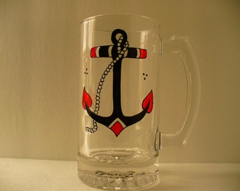 SALE - Hand painted beer mug: Old shool Anchor Blue or Red color