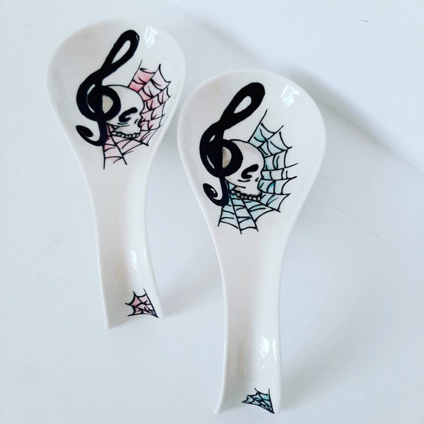 SALE - Handpainted   treble clef, spiderweb and skull on spoon rest (choose your spiderweb color)