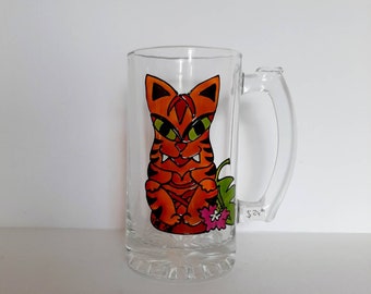 SALE - Handpainted beer mug: Tiki cat design