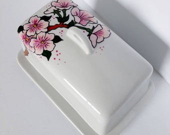 Handpainted Cherry Blossom Porcelain Butter Dish