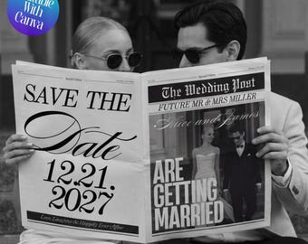Wedding Newspaper wed, Save The Dates Engagement Newspaper, Custom Newspaper Template Future Mrs keepsake, Wedding Program Canva Template