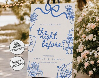 The Night Before Sign, Rehearsal Dinner Wedding Welcome Sign, Engagement Sign Template, Custom Party Signs Blue, Canva Digital Download