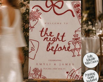 The Night Before Sign, Rehearsal Dinner Wedding Welcome Sign, Engagement Sign Template, Custom Party Signs Red, Canva Digital Download