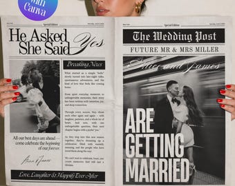 Wedding Newspaper wed, Save The Dates Engagement Newspaper, Custom Newspaper Template Future Mrs keepsake, Engagement Canva Template Instant