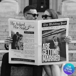 May include: A black and white newspaper announcing a wedding. Headlines read "He Asked, She Said Yes" and "The Wedding Post." The newspaper features photos of a couple and the text "ARE GETTING MARRIED."