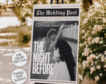 The Night Before Wedding Sign, Rehearsal Dinner Welcome Sign with Photos, Engagement Sign, Newspaper Poster Canva Template, Digital Download