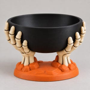May include: A matte black bowl held by two beige skeletal hands that emerge from a textured orange base. The bowl features a smooth interior and exterior, while the skeletal hands show detailed finger joints and knuckles resting on rocky ground.