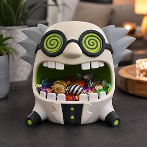 May include: A cream-colored scientist character candy bowl with spiky gray hair, large black-rimmed glasses featuring green spiral lenses, and a wide open mouth filled with assorted colorful wrapped candies, wearing a white lab coat with green buttons.
