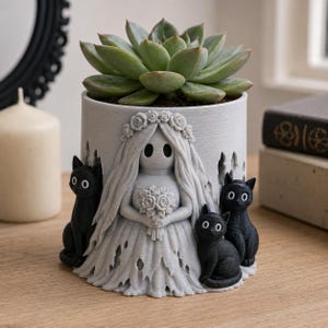 Vaso de plantas impresso em 3D com a imagem de uma noiva fantasmagórica, recipiente para suculentas em formato de gato espectral, decoração gótica e assustadora para casa, pintado à mão.