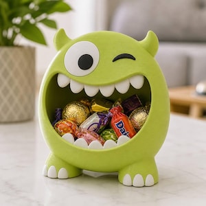 May include: A lime green monster-shaped bowl with a large open mouth filled with assorted wrapped candies. The creature features a single large white eye with a black pupil, two small horns on top, and white teeth lining the wide mouth opening.