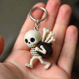 Pode incluir: Um porta-chaves com uma pequena figura de esqueleto branco-osso com grandes órbitas oculares pretas. O esqueleto caminha e carrega um saco castanho escuro nas costas, cheio de várias peças de osso de cor clara em forma de cruz.