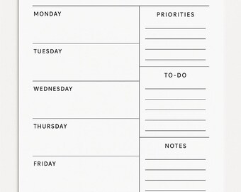 May include: A white weekly planner with the words "WEEKLY PLANNER" at the top. The planner has sections for each day of the week, plus sections for priorities, to-do lists, and notes. The text is in black.