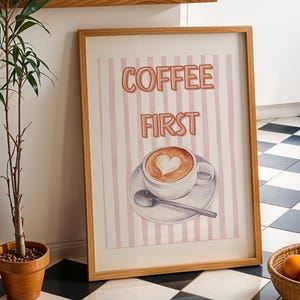 Coffee First Printable Poster – Coffee Lover Decor, Retro Kitchen Print, Coffee Drawing, Aesthetic Coffee Bar Poster, Vintage Decor