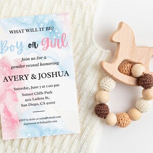 Gender Reveal-uitnodigingssjabloon, blauwe en roze babyshower uitnodiging, jongen of meisje bewerkbare Canva-kaart, gender Reveal-feestuitnodiging