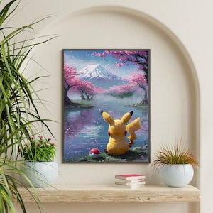 Póster de Pikachu, Pokémon, tapiz japonés, Monte Fuji (Japón), Sakura (Japón), Anime, arte mural imprimible, arte mural para dormitorio, digital