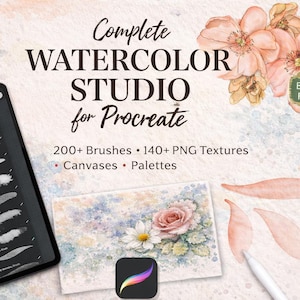 May include: A digital art studio for Procreate, featuring watercolor brushes, textures, canvases, and palettes. The image includes a tablet displaying brush options, a floral design, and the text "Complete Watercolor Studio for Procreate". Includes a "Beginner Friendly" badge.