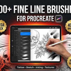 May include: A digital tablet displaying a Procreate brush library interface with 400+ fine line brushes. The screen shows a skull and floral line art illustration. Text reads 400+ FINE LINE BRUSHES FOR PROCREATE, MEGA PACK, 400+ BRUSHES, INSTANT DOWNLOAD, and Tattoo, Sketch, Inking, Textures.