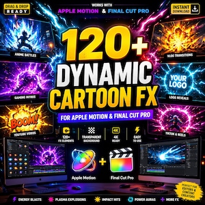 May include: A digital graphic advertising "120+ Dynamic Cartoon FX" for Apple Motion and Final Cut Pro. The image uses bright colours, lightning effects, and text highlighting features like 4K resolution and ease of use. Includes anime battles, gaming intros, and more.